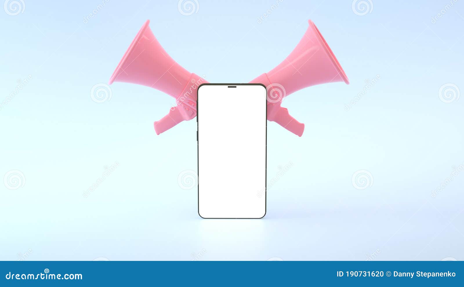 3d Render of Smartphone with Pink Megaphones on Blue Background. Social Share Data Concept Stock