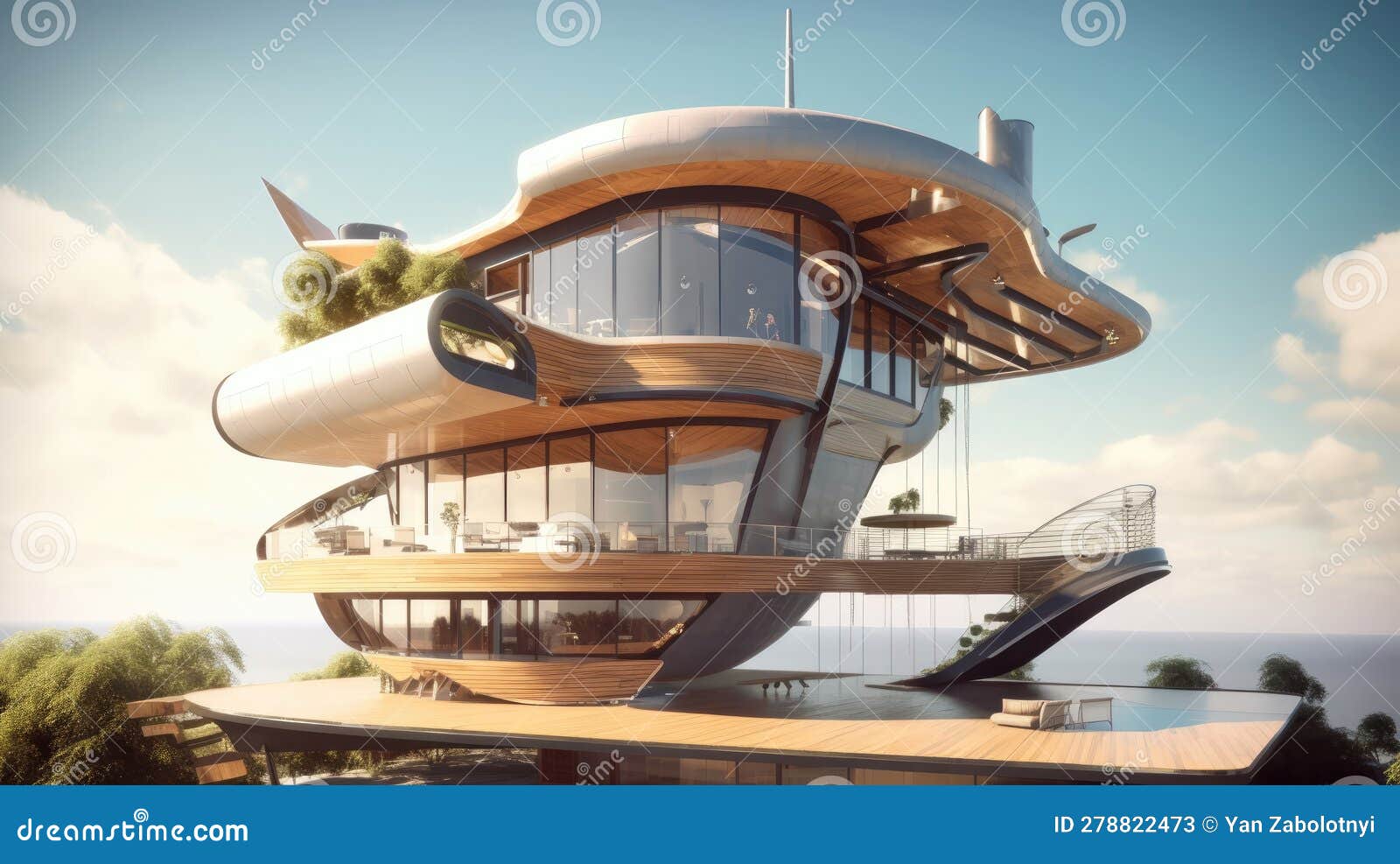 3D Render Solarpowered Hover House with Sky Deck and Jetpack Access