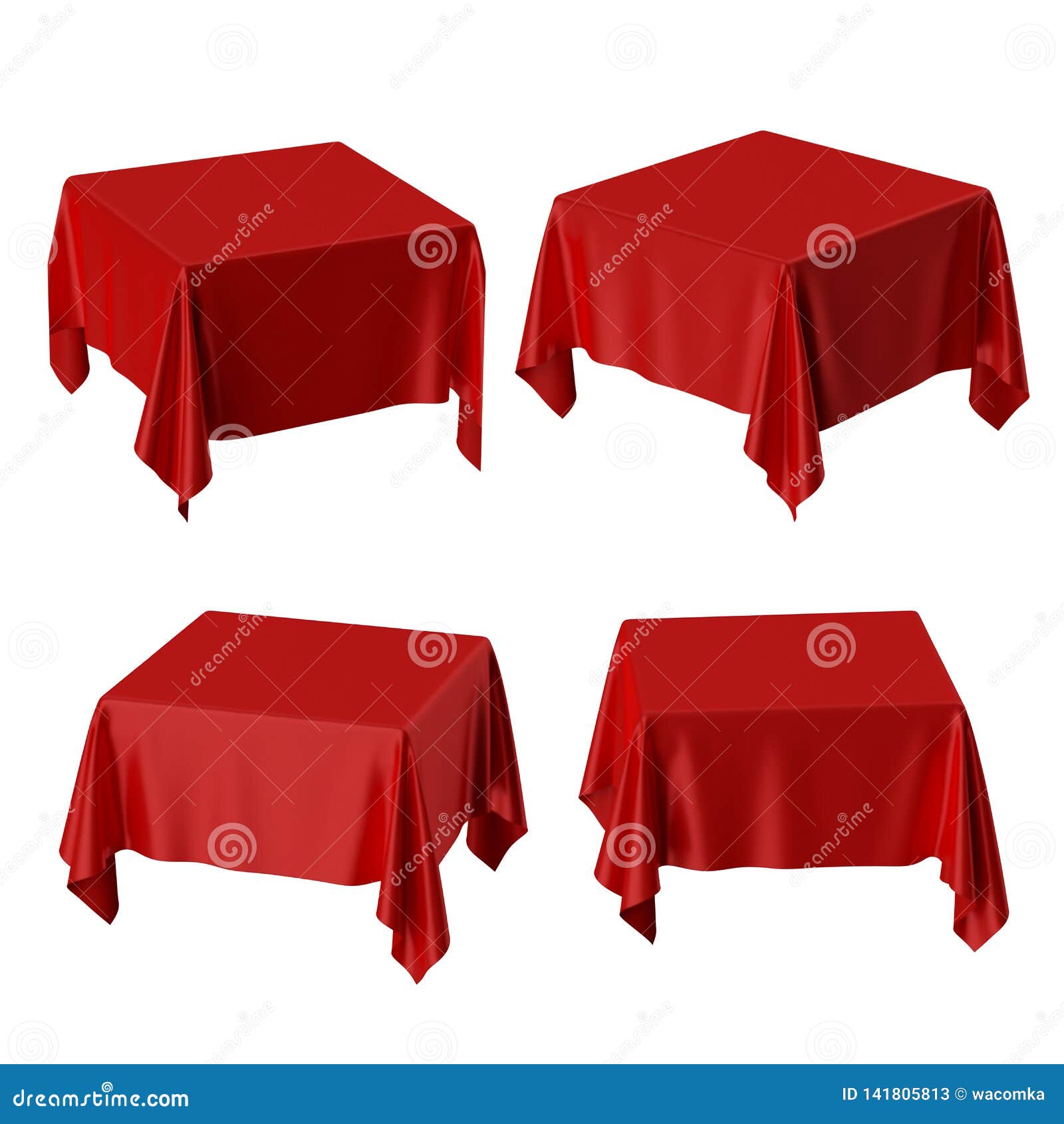 3d Render, Square Table Covered With Red Tablecloth, Perspective Positions, Textile Folds ...
