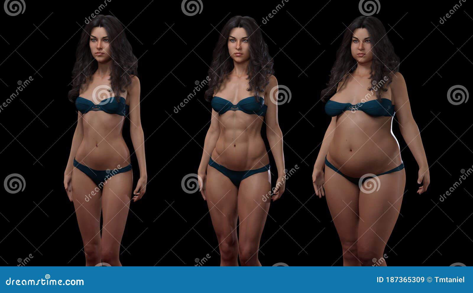 3D Rendering : standing male body type illustration : ectomorph (skinny type),  mesomorph (muscular type), endomorph (heavy weight type),Front View Stock  Illustration