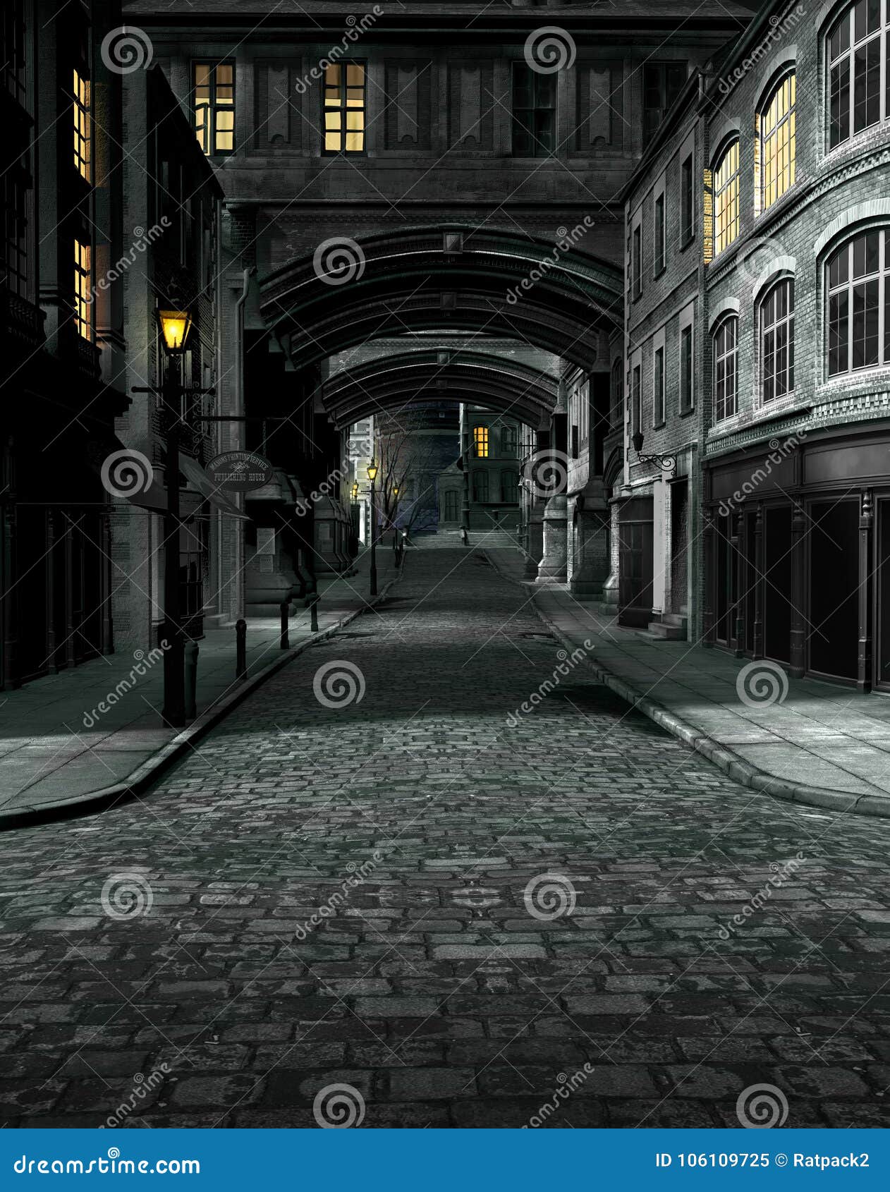 street at night with 19th century city buildings