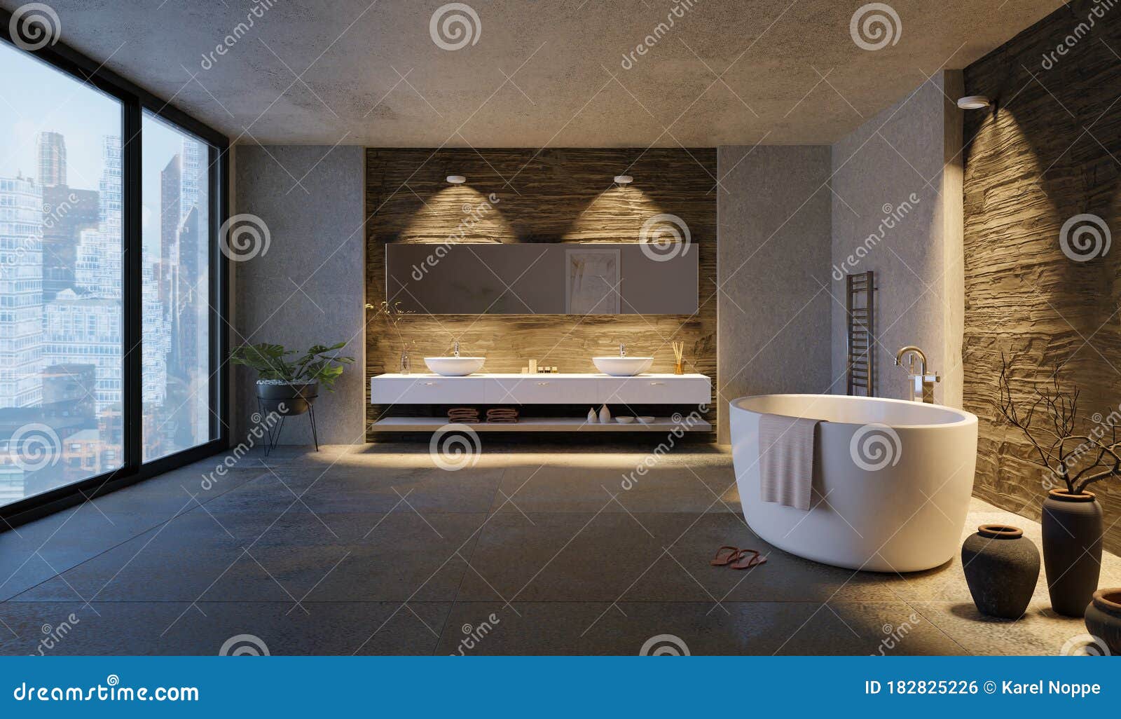 3D Render of Stylish Modern Bathroom with Stone Textures Stock ...