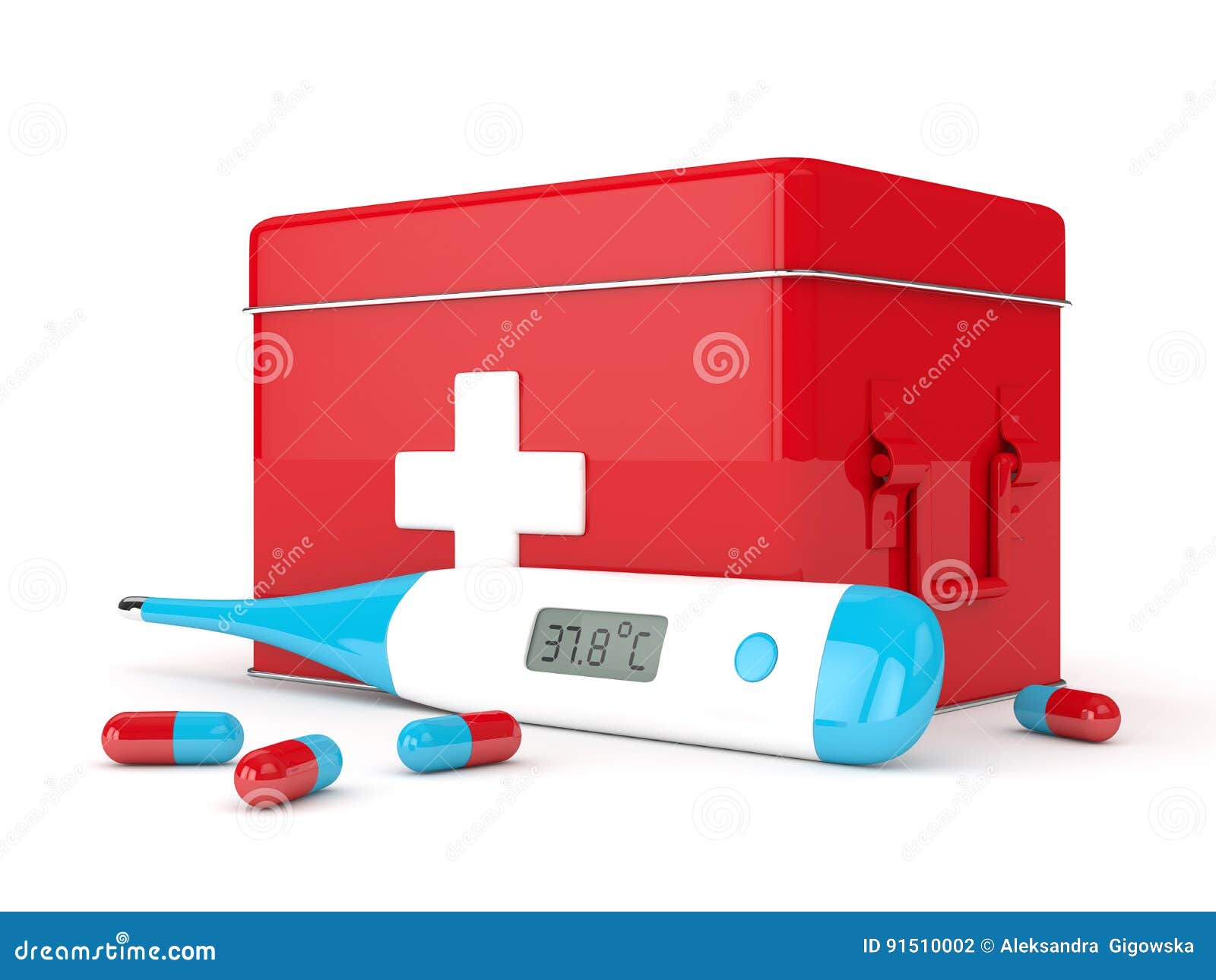 3d Render of Thermometer, First Aid Kit and Pills Stock Illustration