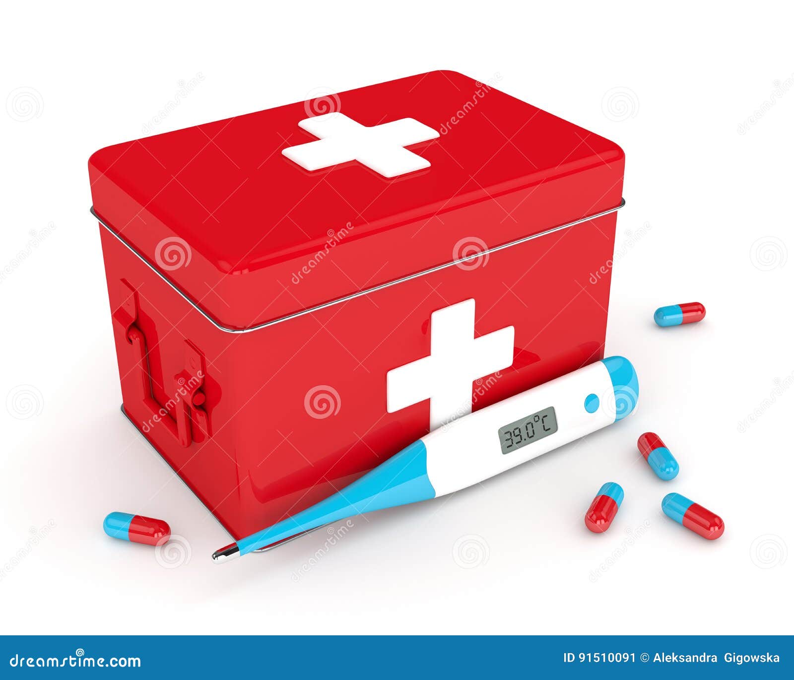 3d Render of Thermometer, First Aid Kit and Pills Stock Illustration