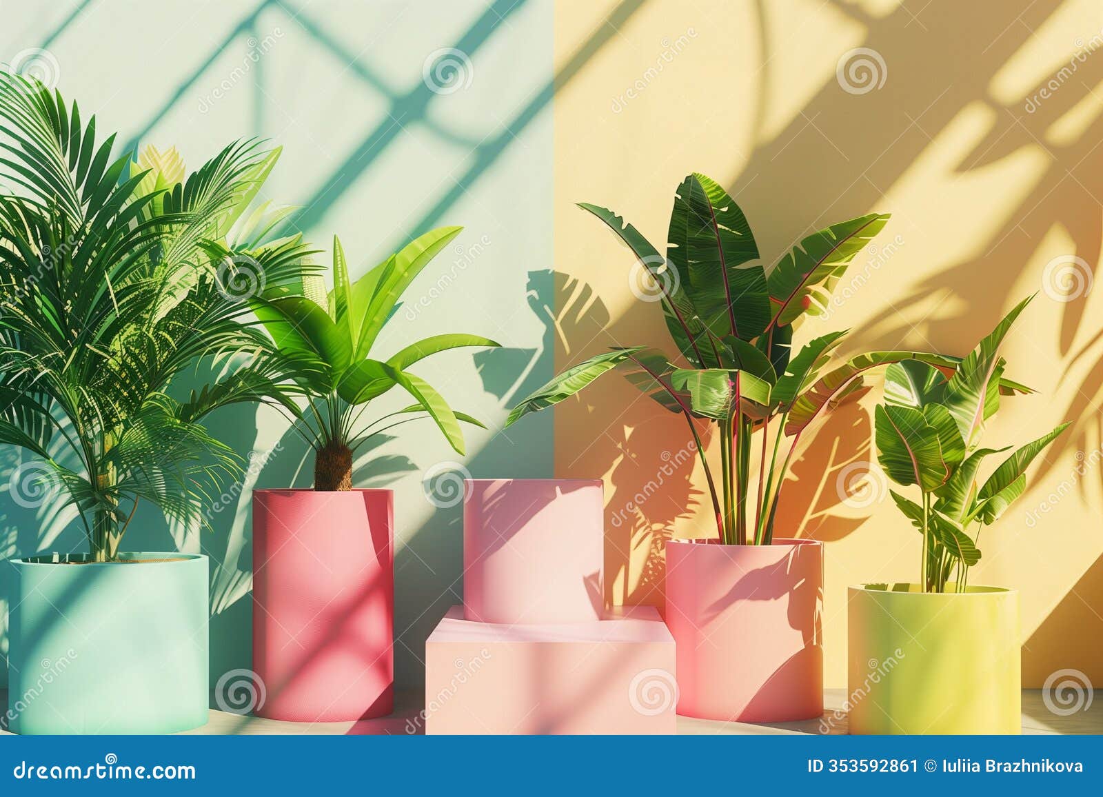 3d render of tropical plants in pink, green, and yellow pots placed on different-colored blocks on the floor