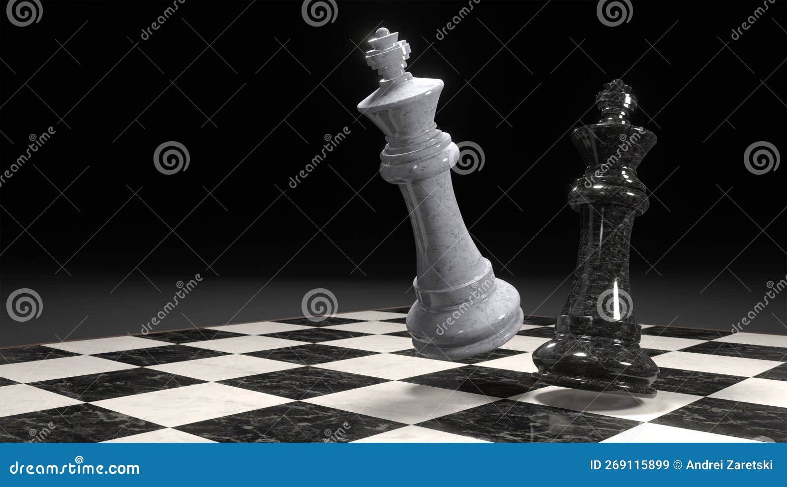 3d Render of Two Fighting Chess Kings. Marble Pieces on a Chessboard
