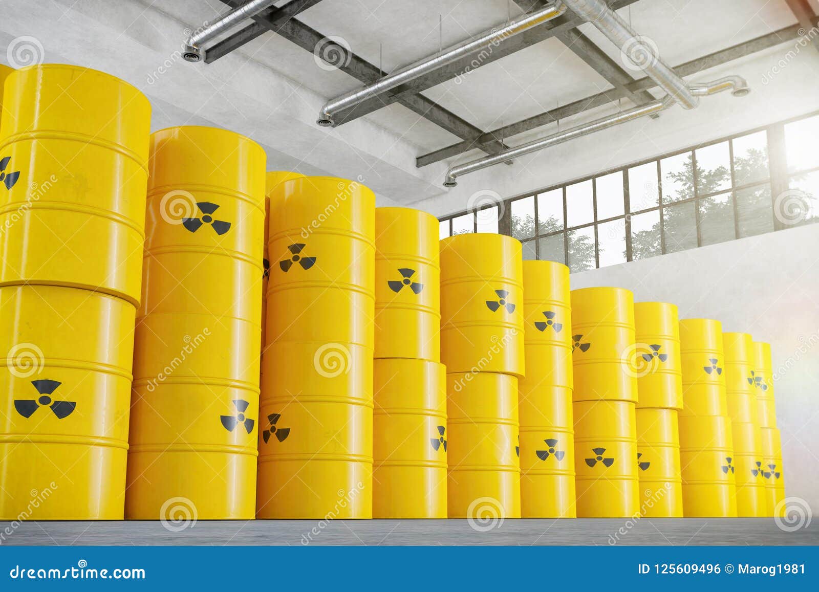 3d render - warehouse with atom barrels
