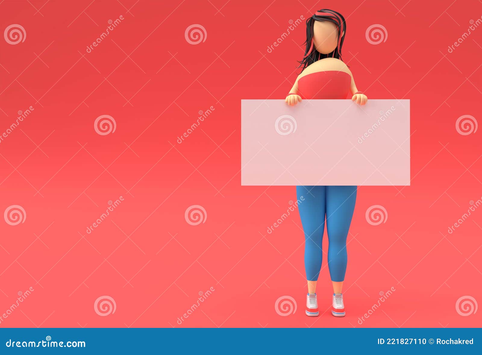 3D Render Woman Holding A White Panel Placard On A Red Background