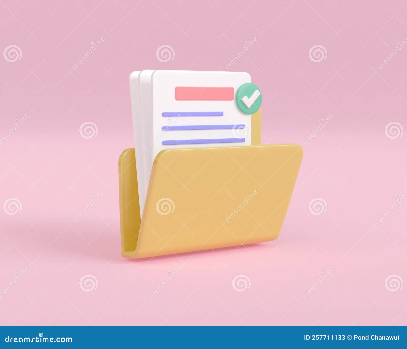 3d Render Yellow Folder Document and Paper File. Work Management