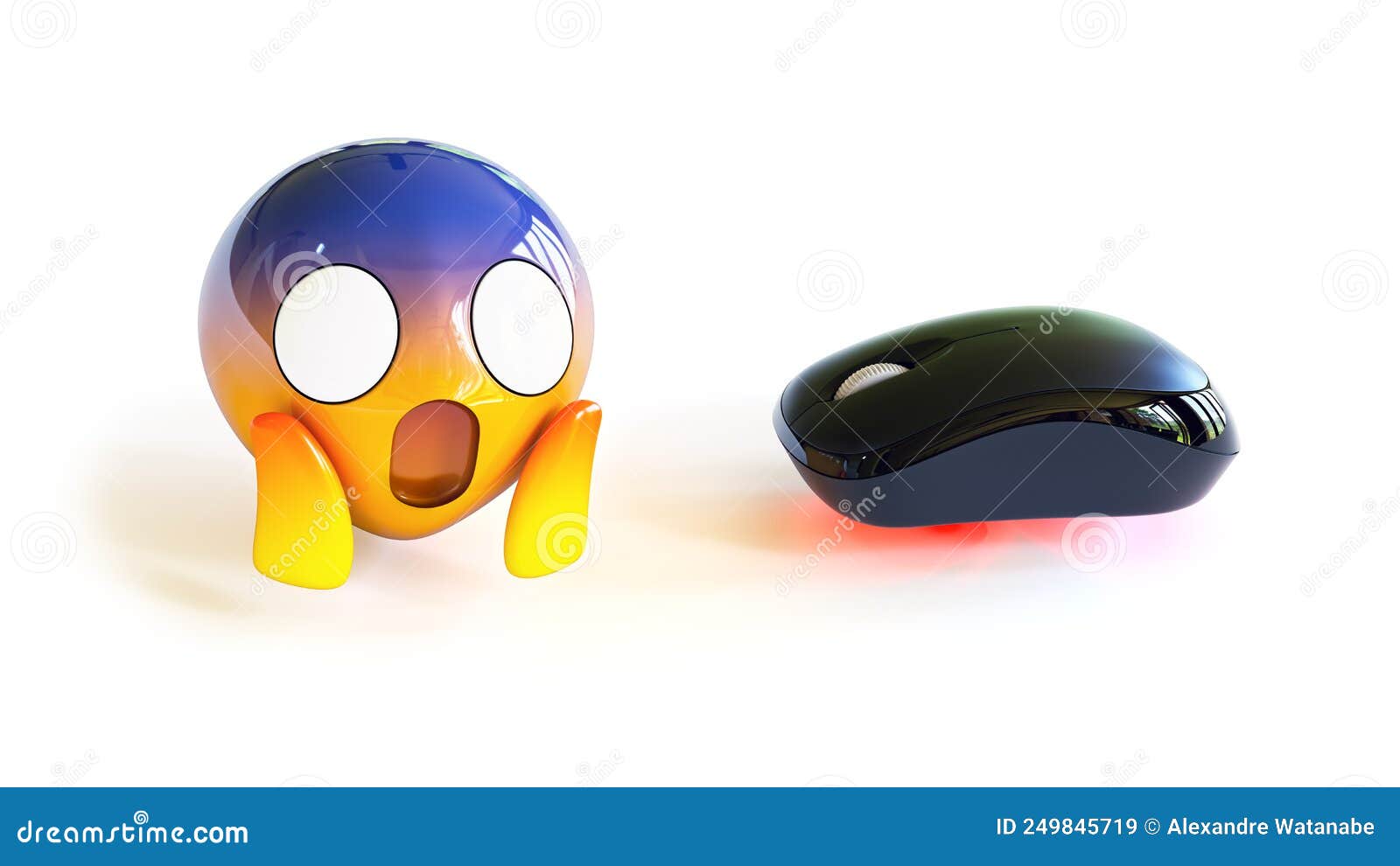 3D Rendered Computer Mice and Scared Emoji Conceptual Clickbait Image