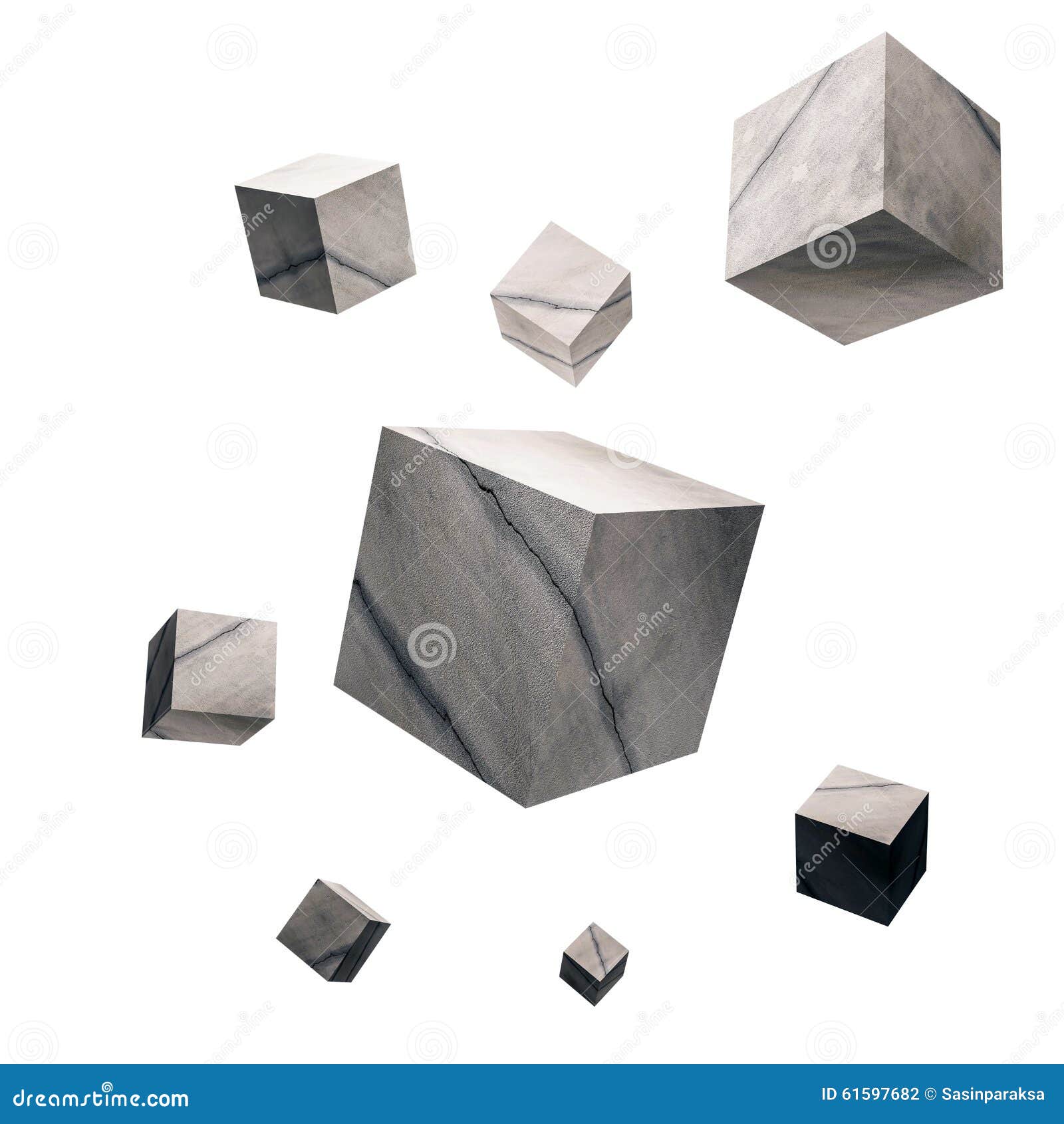 3D Rendered, Cracked Concrete Cubes, on White Background Stock