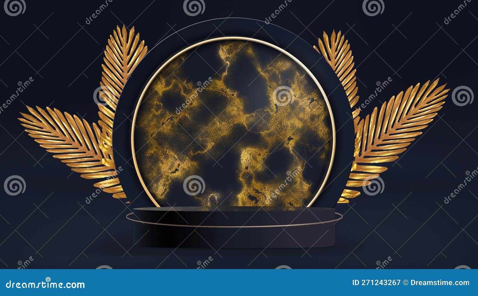 3d rendered dark scena podium with tropical leaves