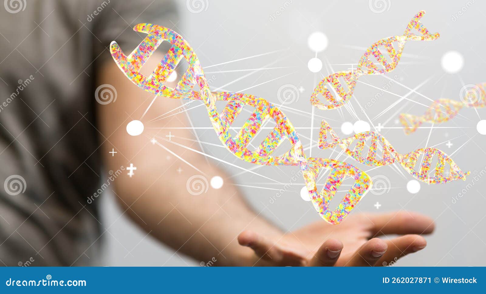 3D Rendered DNA Hologram on a Person S Hand Stock Image Image of