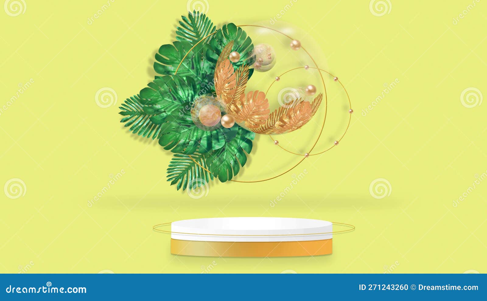 3d rendered fashion scena podium background with tropical leaves