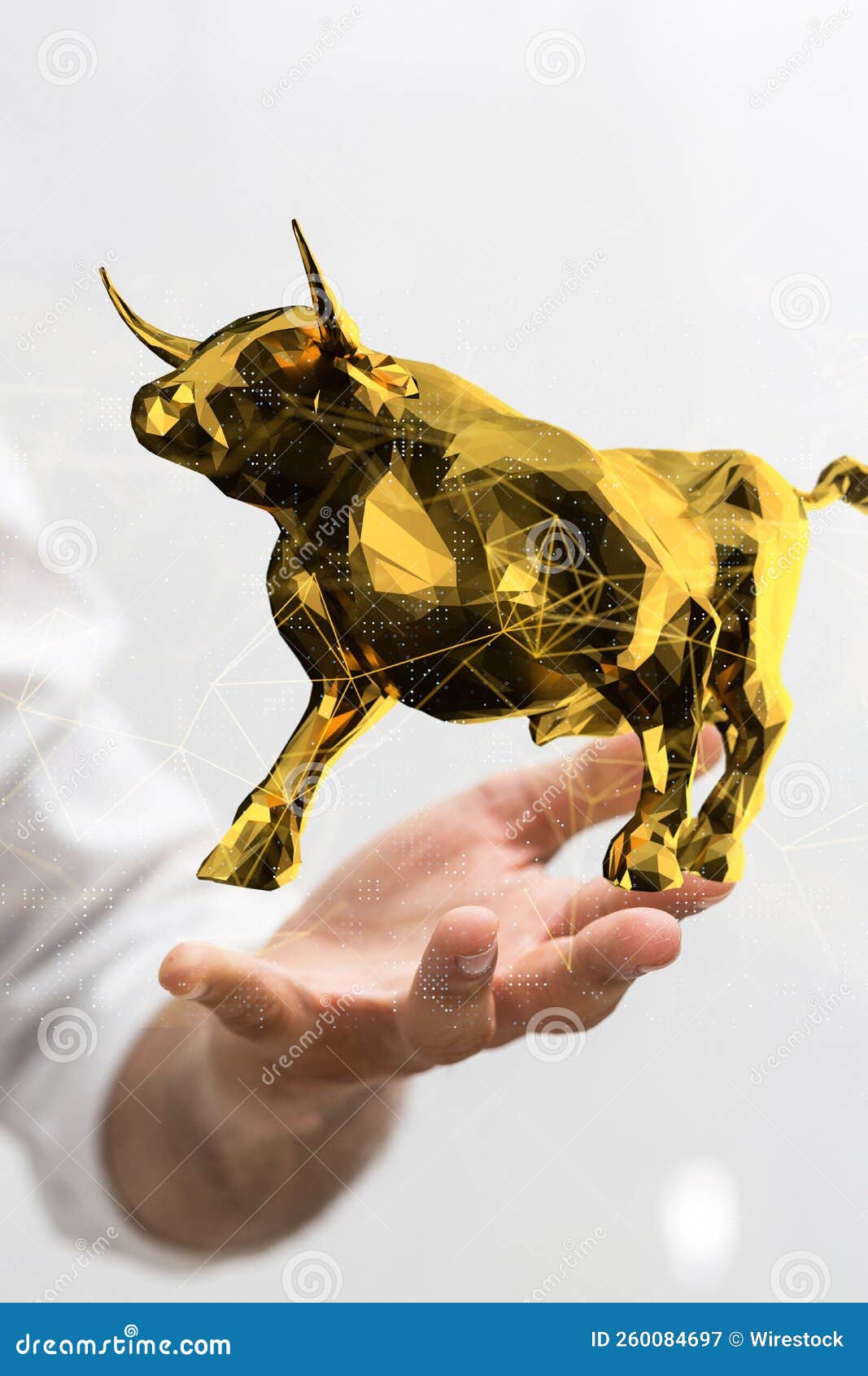 3D-rendered Golden Bull Figurine Floating Above a Hand, a Concept