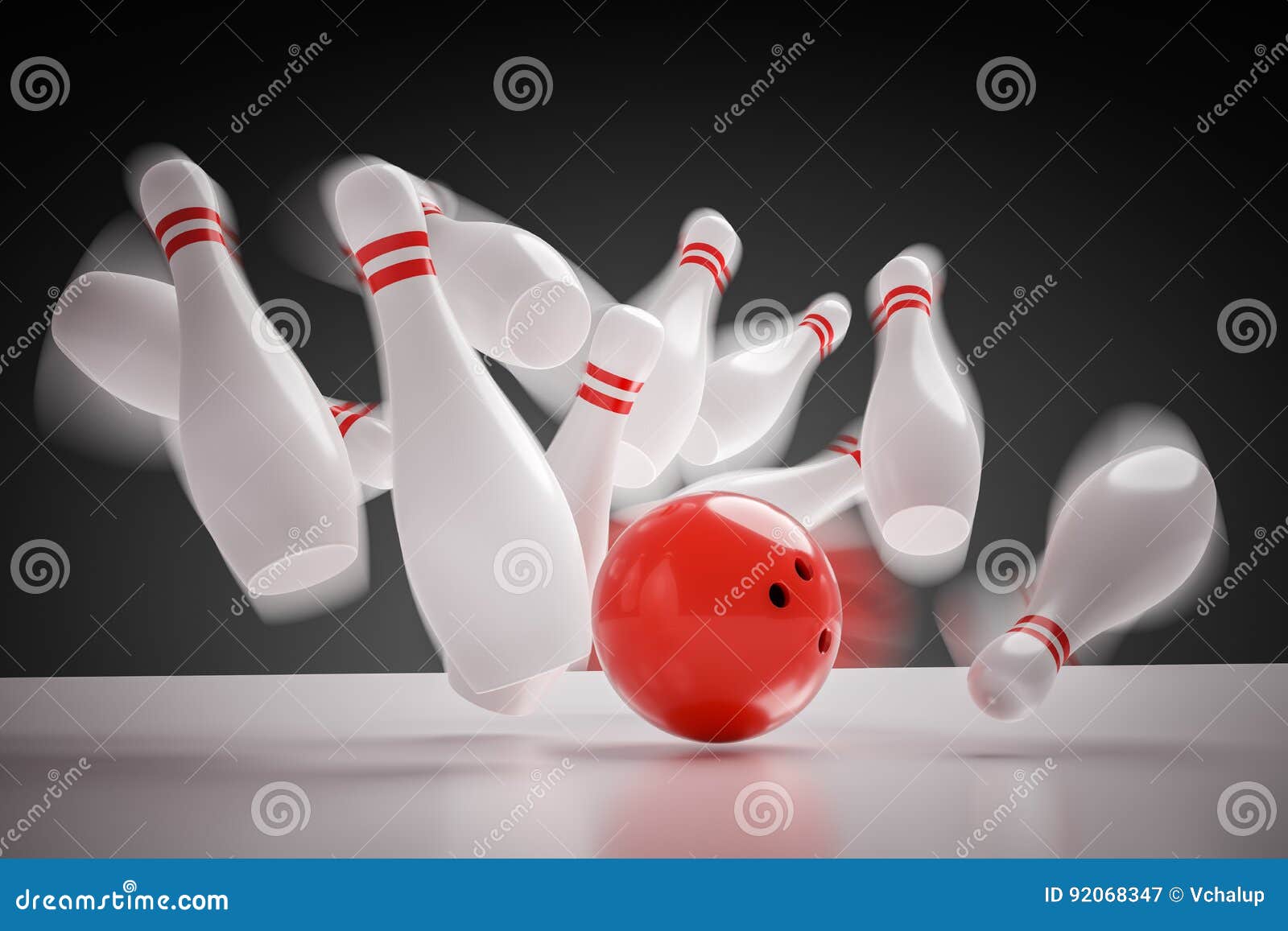 3D Rendered Illustration of Bowling Ball Knocking Down All Pins