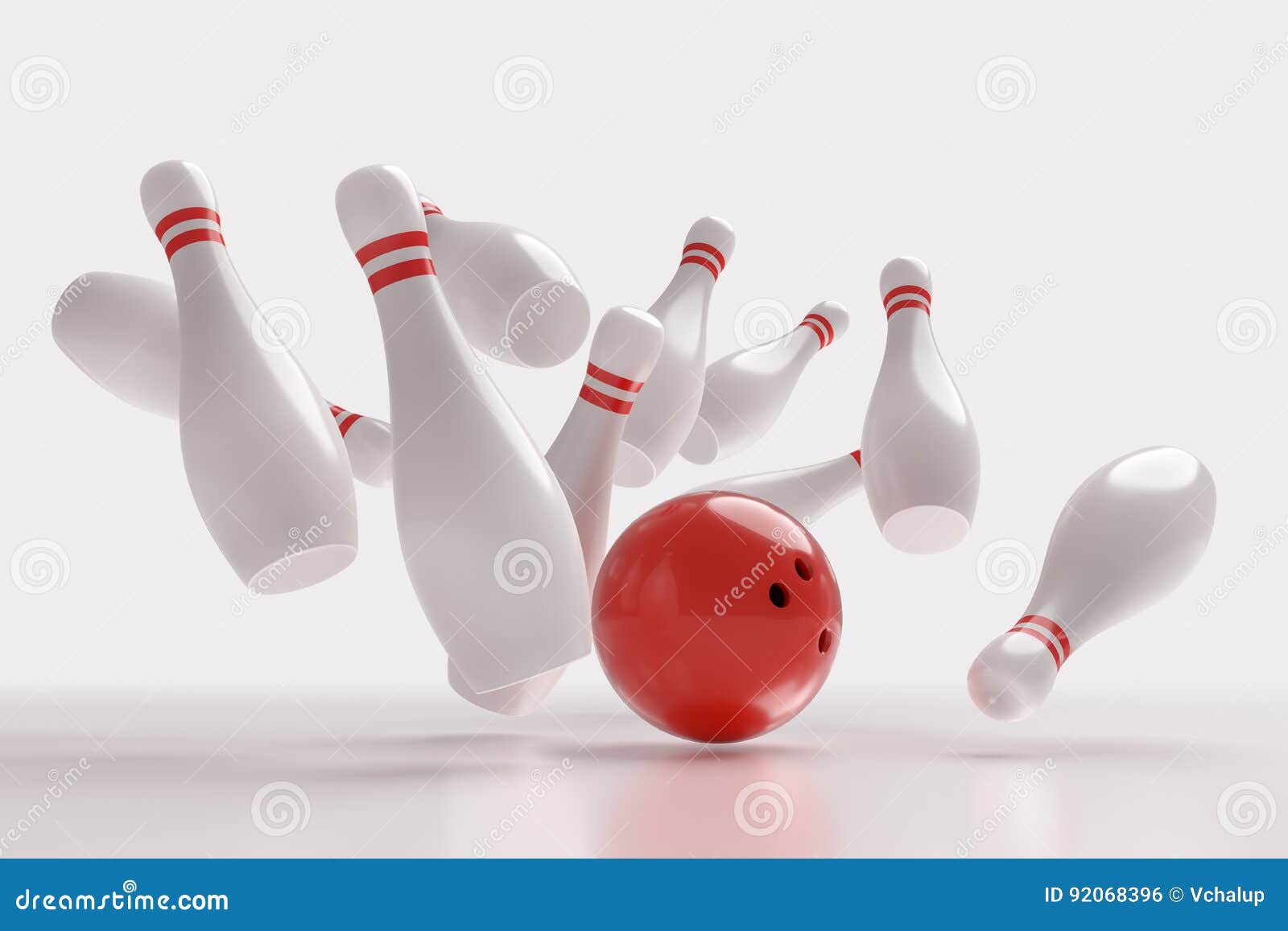 3D Rendered Illustration of Bowling Ball Knocking Down Pins Strike