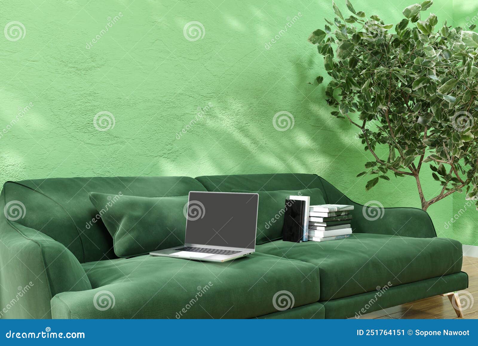 3d Rendered Illustration of a Green Sofa in a Green Sunlit Living Room