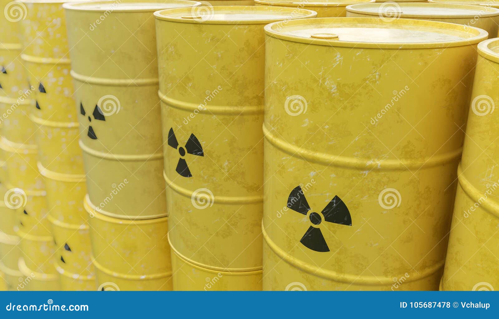 3D Rendered Illustration of Many Radioactive Barrels. Nuclear Waste