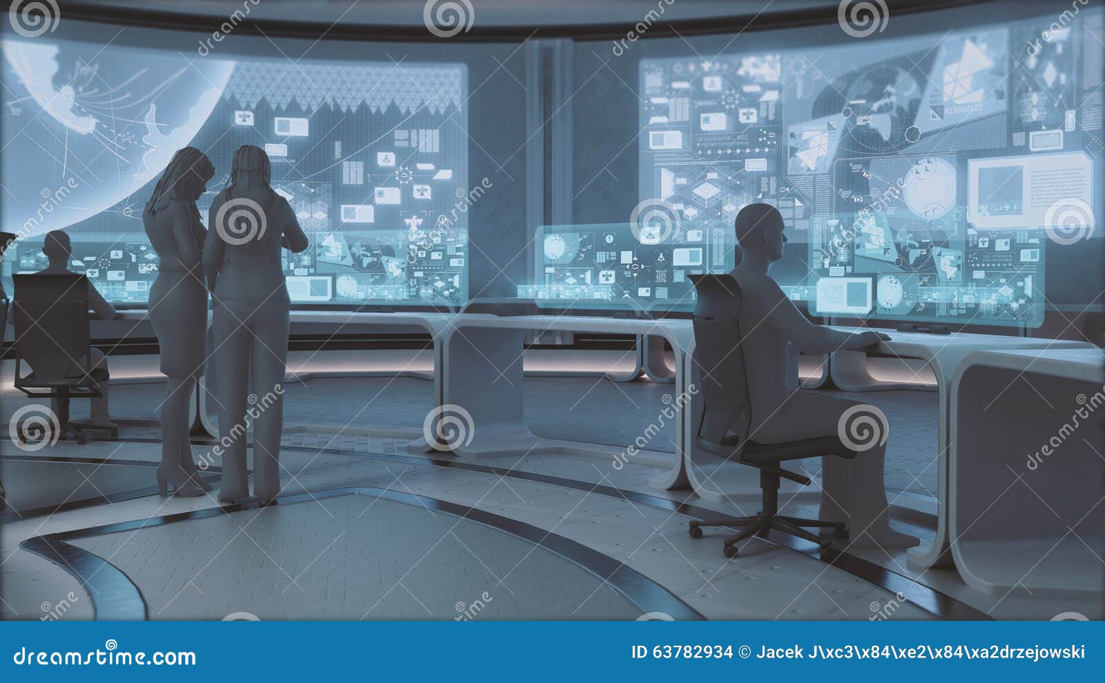 3d rendered, modern, futuristic command center interior with people