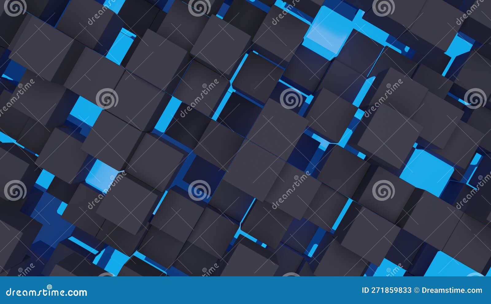 3d Rendering Abstract Background of Randomly Positioned Black and Blue Cubes. Stock Illustration