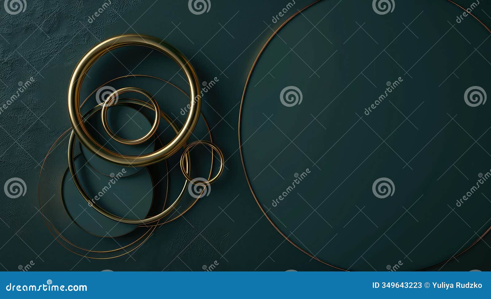 3d rendering of abstract geometric  with gold rings, circles and spirals, dark teal and dark green style