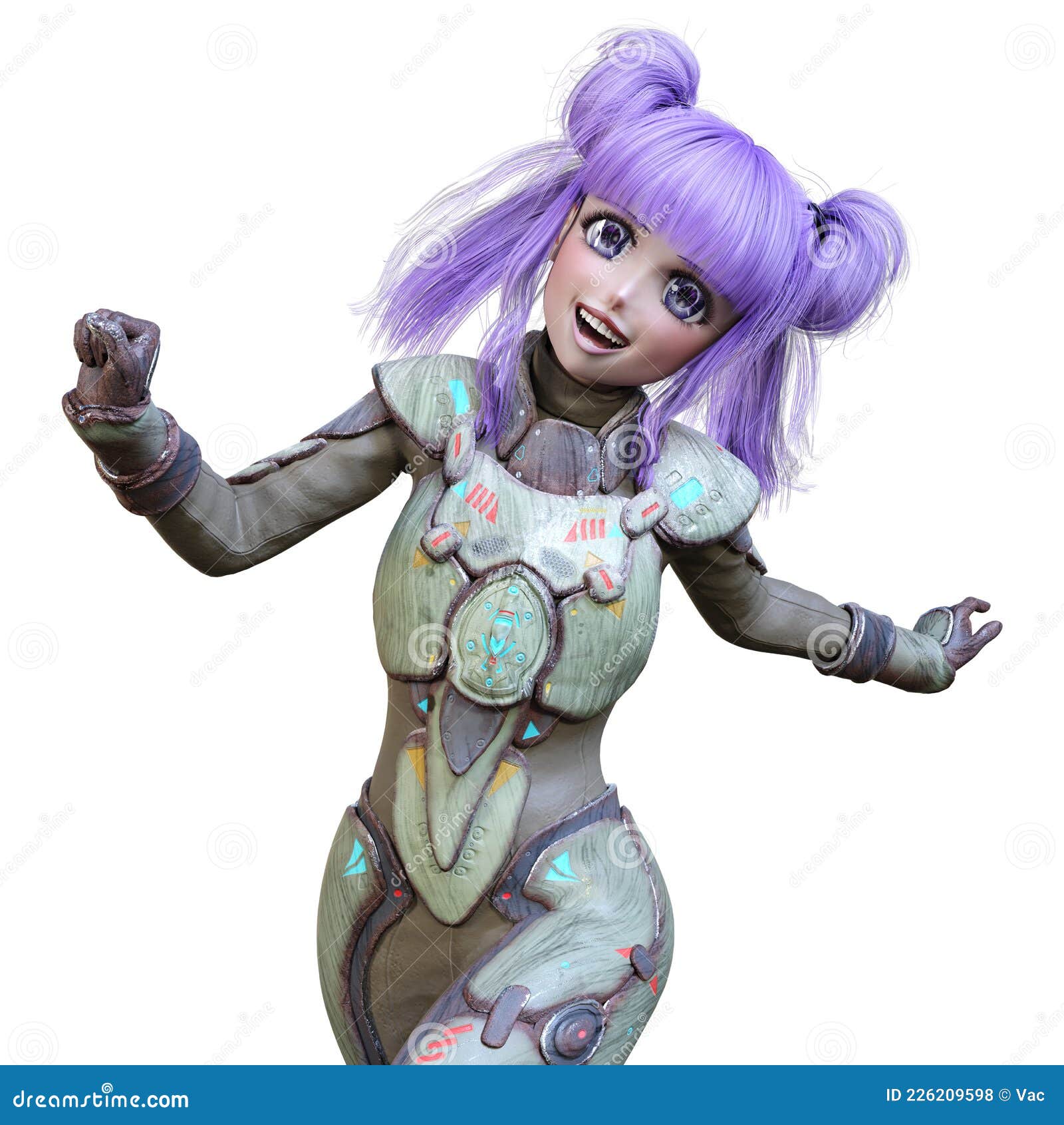 3D rendering of an anime teenager girl with purple hair in an