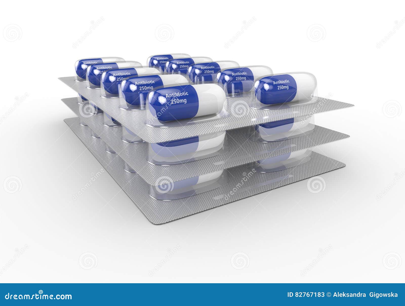 3d Rendering Of Antibiotic Pills In Blister Pack Over W Stock