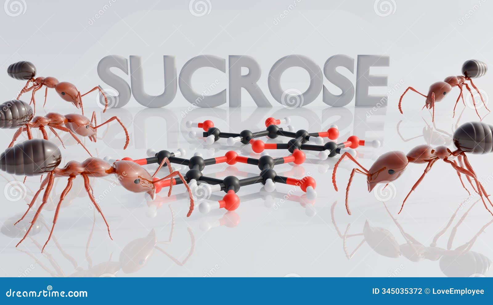 3d rendering of ants are attracted to sucrose molecule