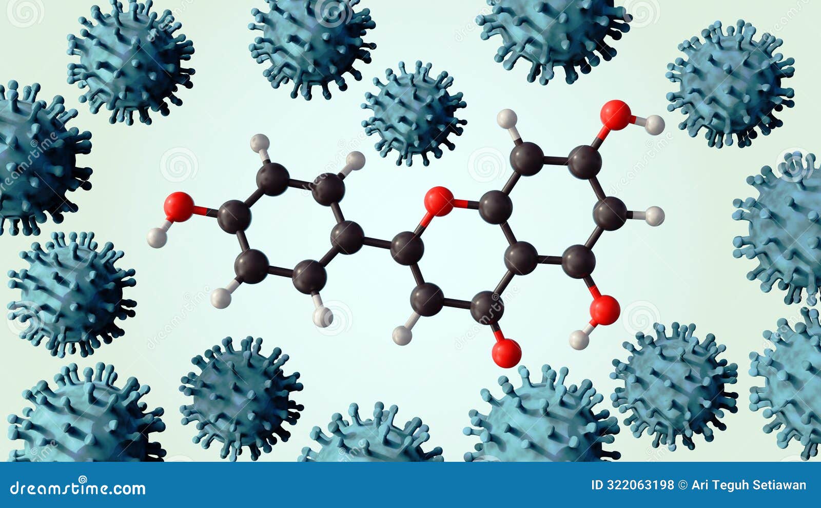 3d rendering of apigenin molecule and chikungunya virus