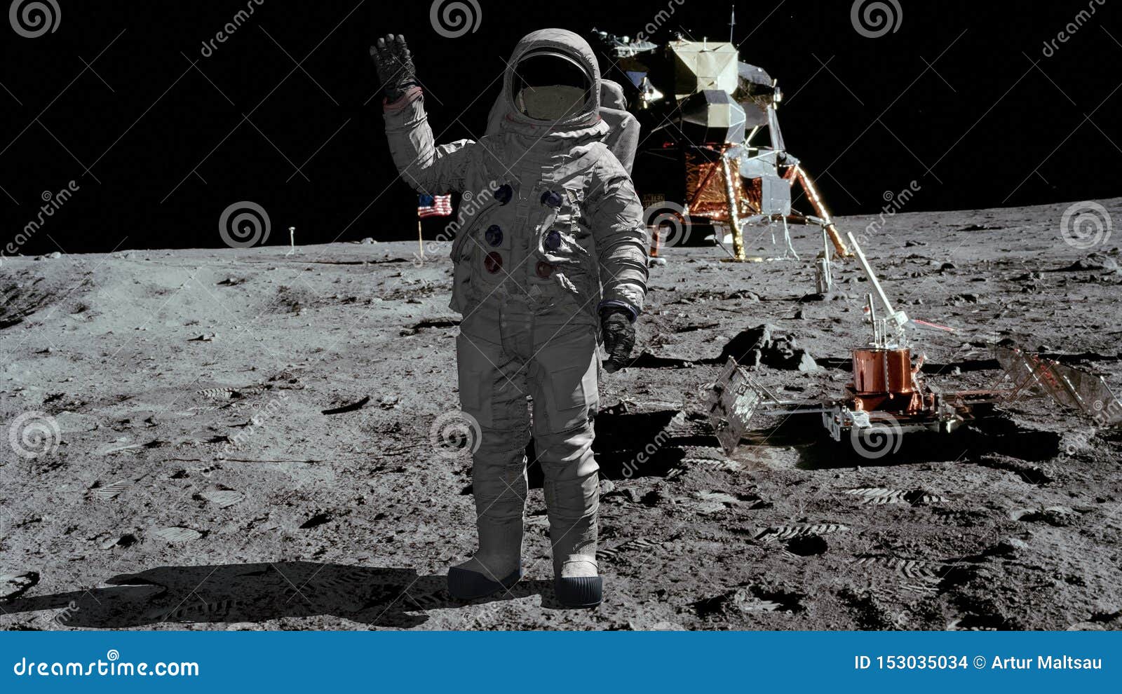 3d Rendering Astronaut Walking On The Moon And Waving His - 