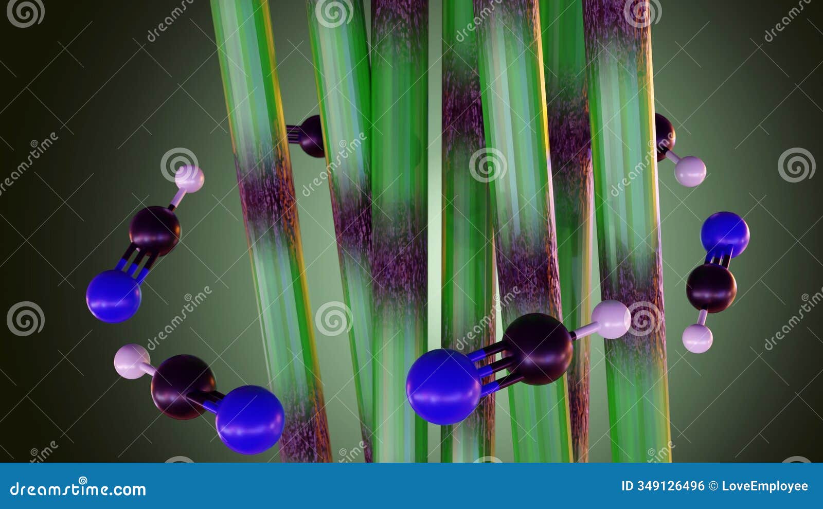 3d rendering of bamboo and hydrogen cyanide molecules