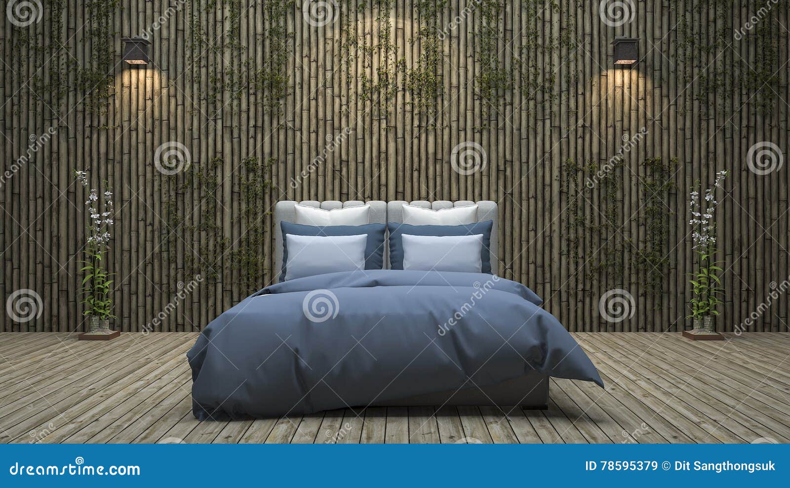 3d Rendering Bamboo Wall Bedroom with Natural Decoration Stock