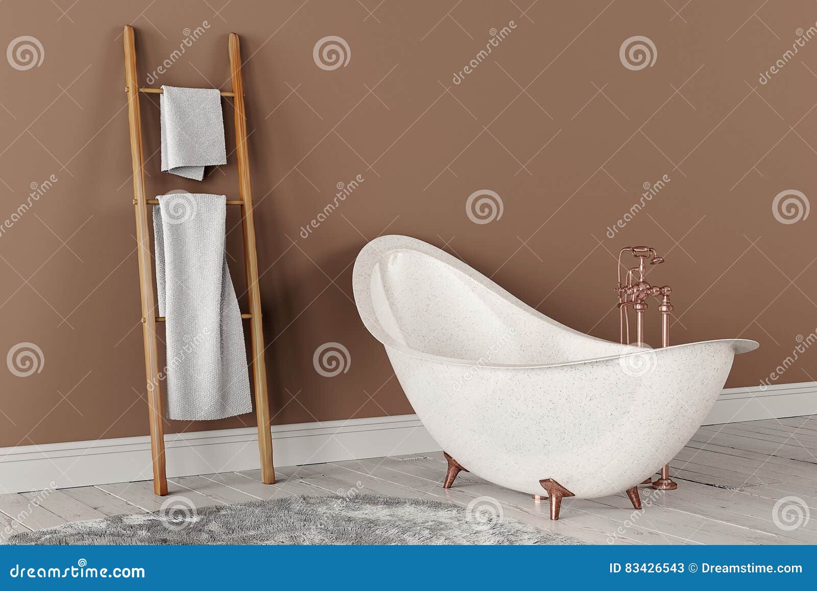 3D rendering of bathroom with wooden towels and deep-piled carpet on the wooden floor in front of painted wall