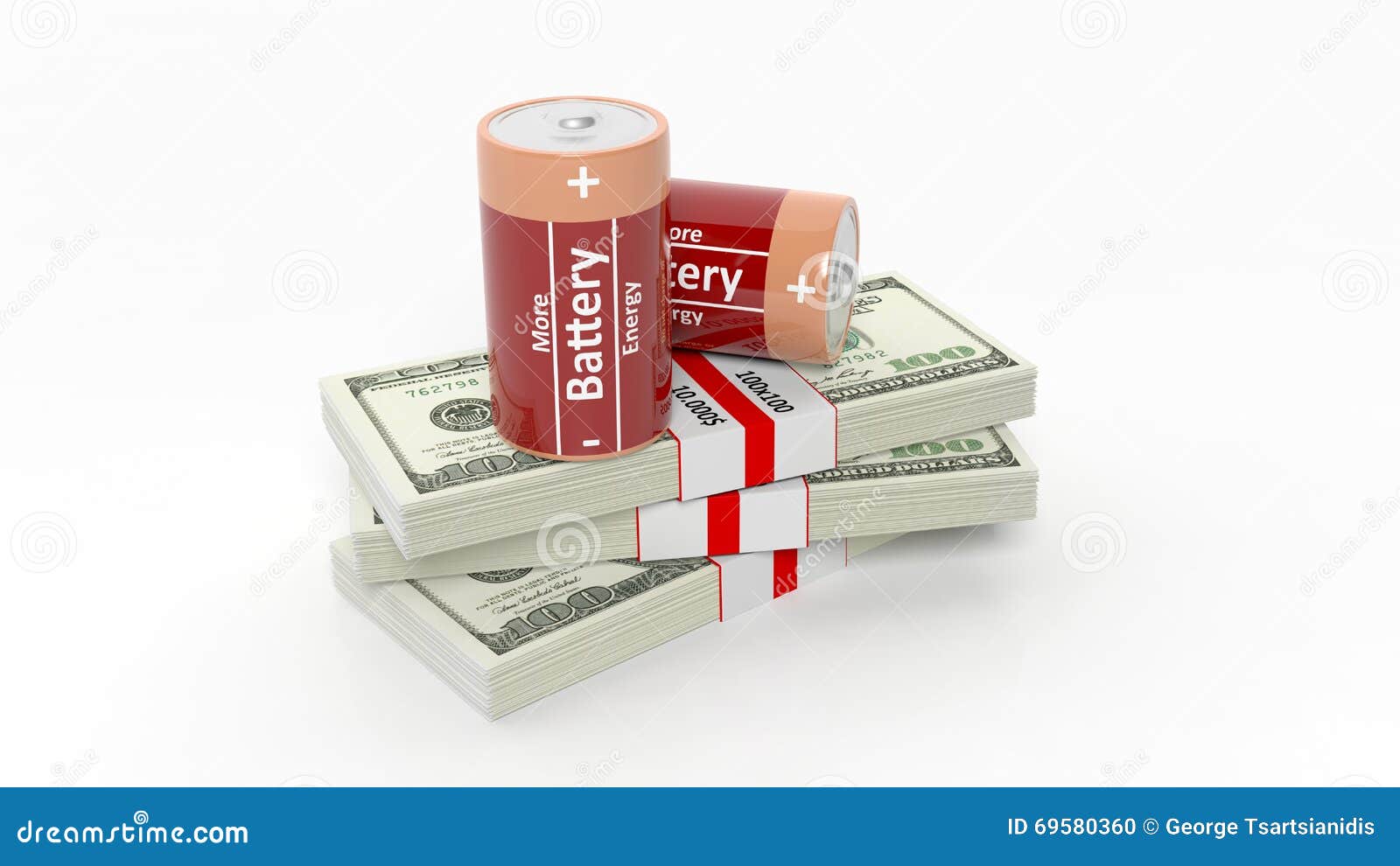 3D Rendering of Batteries on Dollar Banknote Packs Stock Illustration