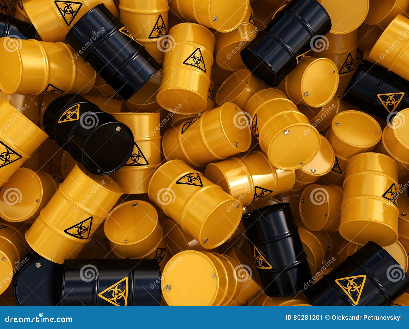 3D rendering biohazard barrels. 3D rendering yellow barrels with biologically hazardous materials