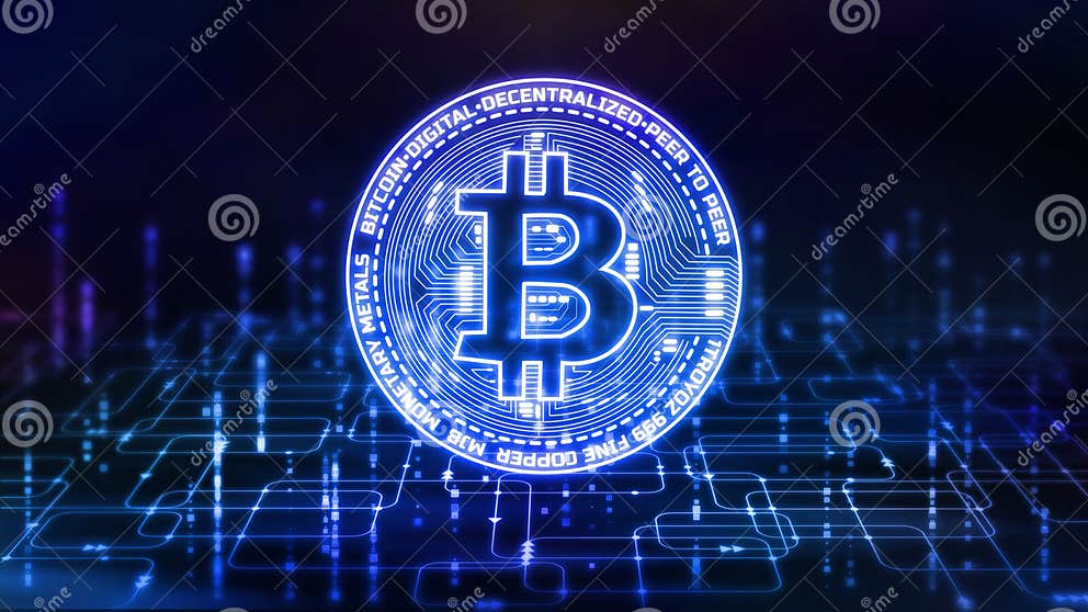 3D Rendering of Bitcoin BTC on Abstract Computer Software Programming ...