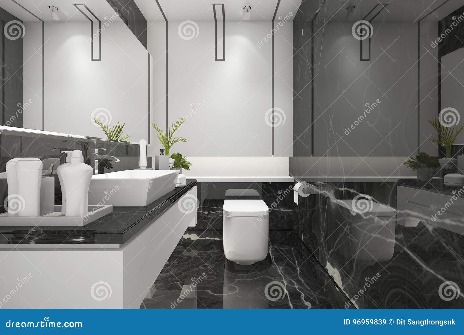 3d Rendering Black Modern Loft Bathroom with Luxury Tile Decor Stock ...