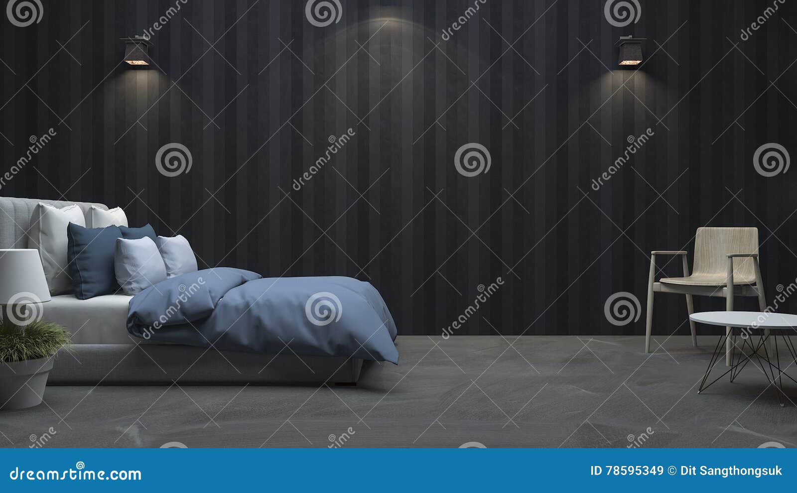 3d Rendering Black Wood Wall Bedroom with Nice Light Stock Illustration