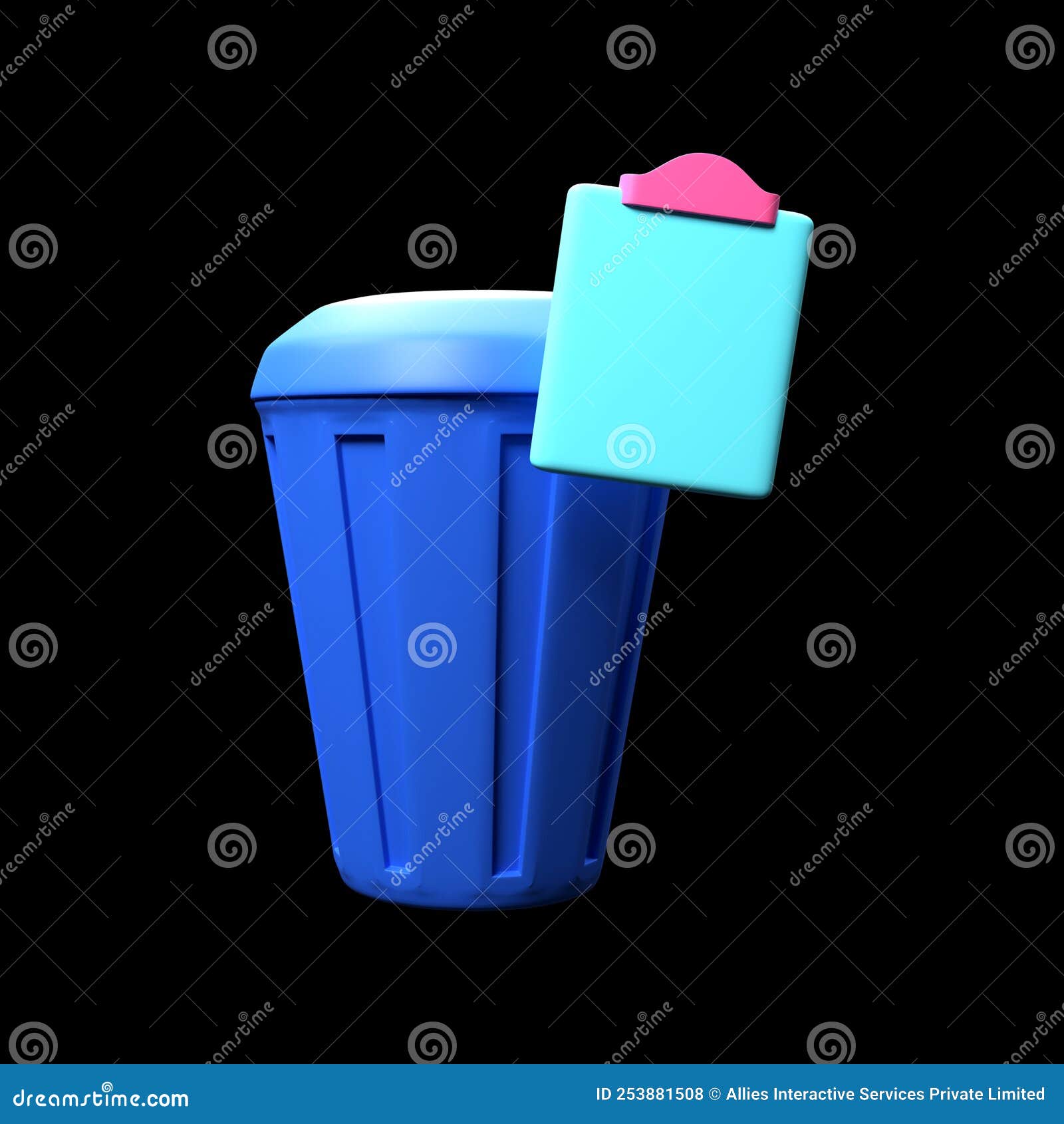 3D Rendering Blue Trash Bin with Clipboard Over Black Stock ...