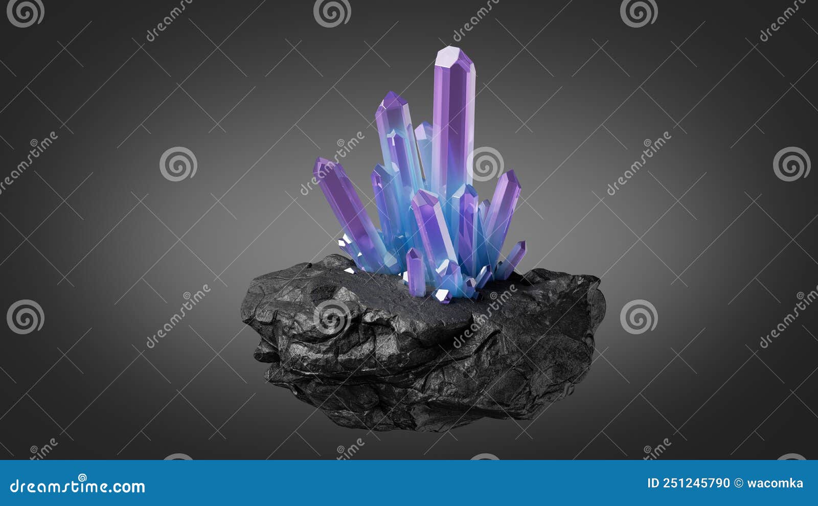 3d Rendering, Blue Violet Crystals Growing on Black Rock, Coal, Magical Nugget Esoteric Object