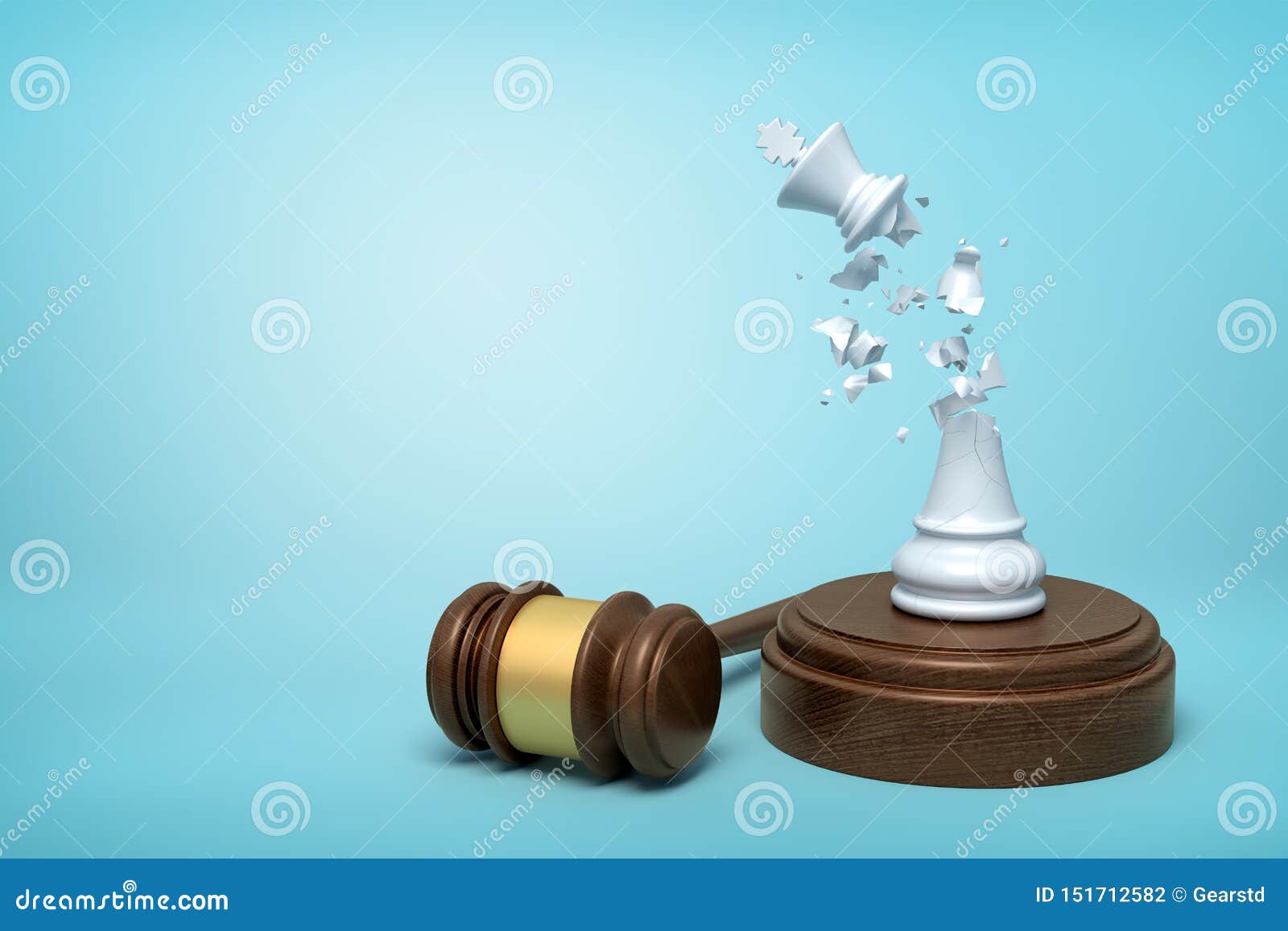 3d rendering of broken white chess king, its crumbs in air, standing on sounding block with gavel beside on light-blue