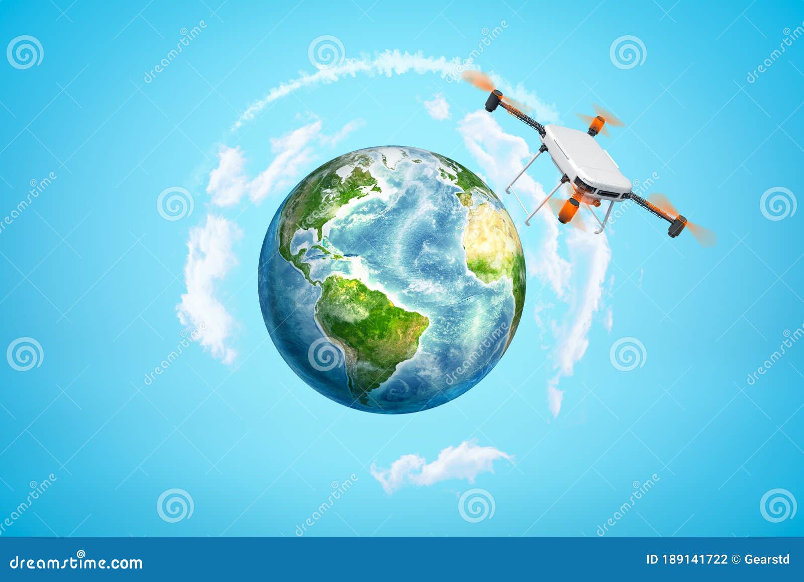3d Rendering of Camera Drone that is Flying Above Earth Sphere Which is Far in Distance in Blue Sky. Photo - Image of remote, 189141722