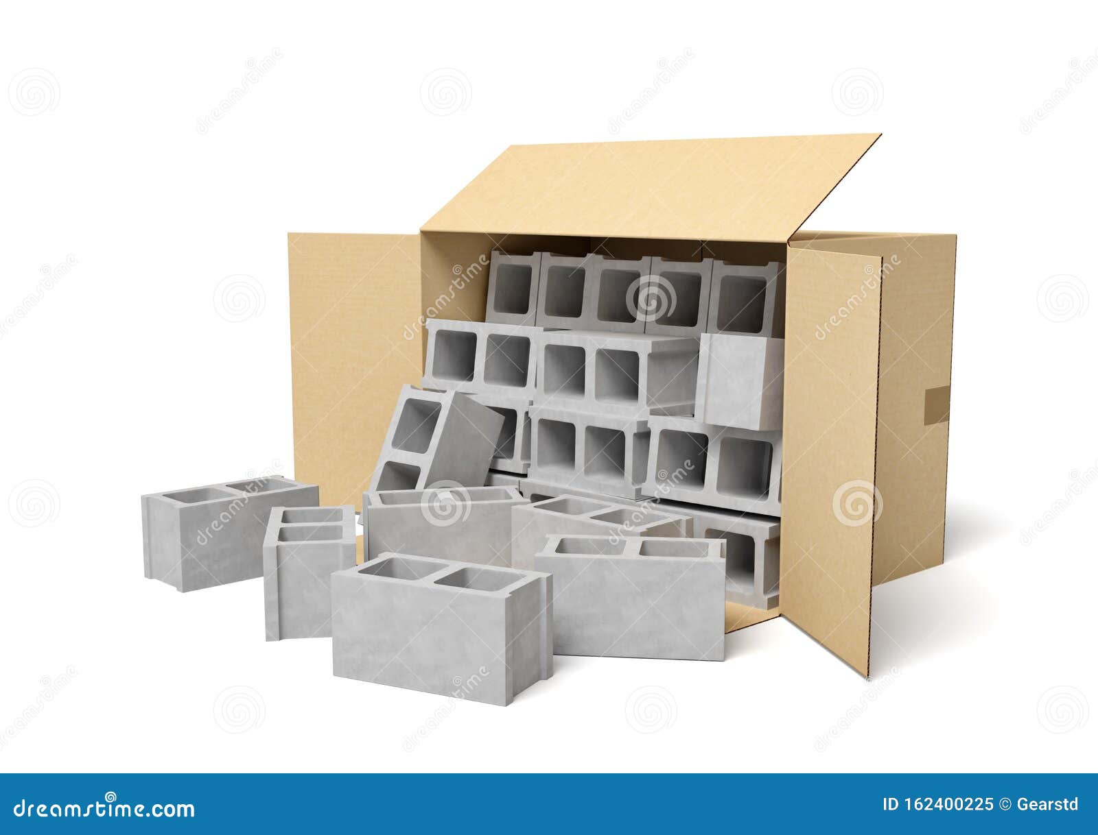 3d rendering of cardboard box lying sidelong with gray hollow bricks inside and some near box.