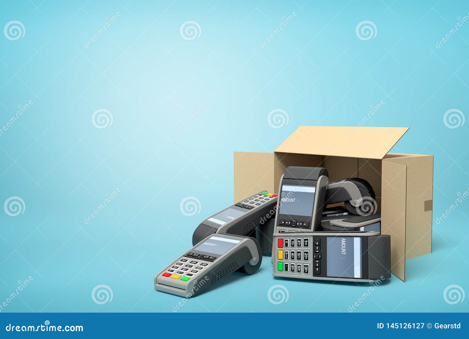 3d rendering of cardboard box lying sidelong with several point-of-sale terminals inside and outside on light-blue