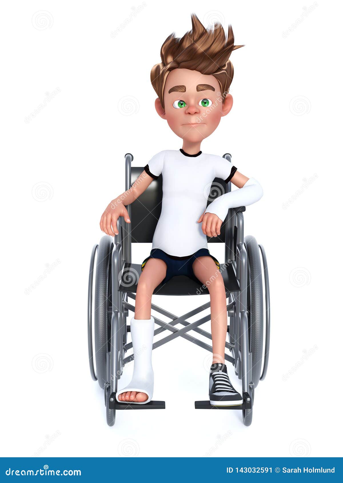 3D Rendering of a Cartoon Boy Sitting in a Wheelchair Stock