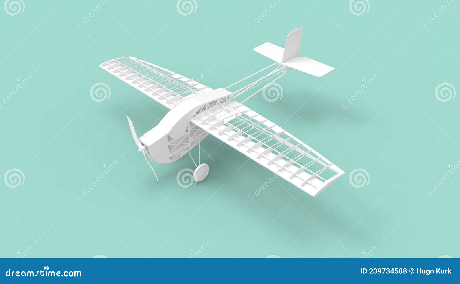 3d rendering of the casis of a small model propellor airplane chasis.  in studio background.
