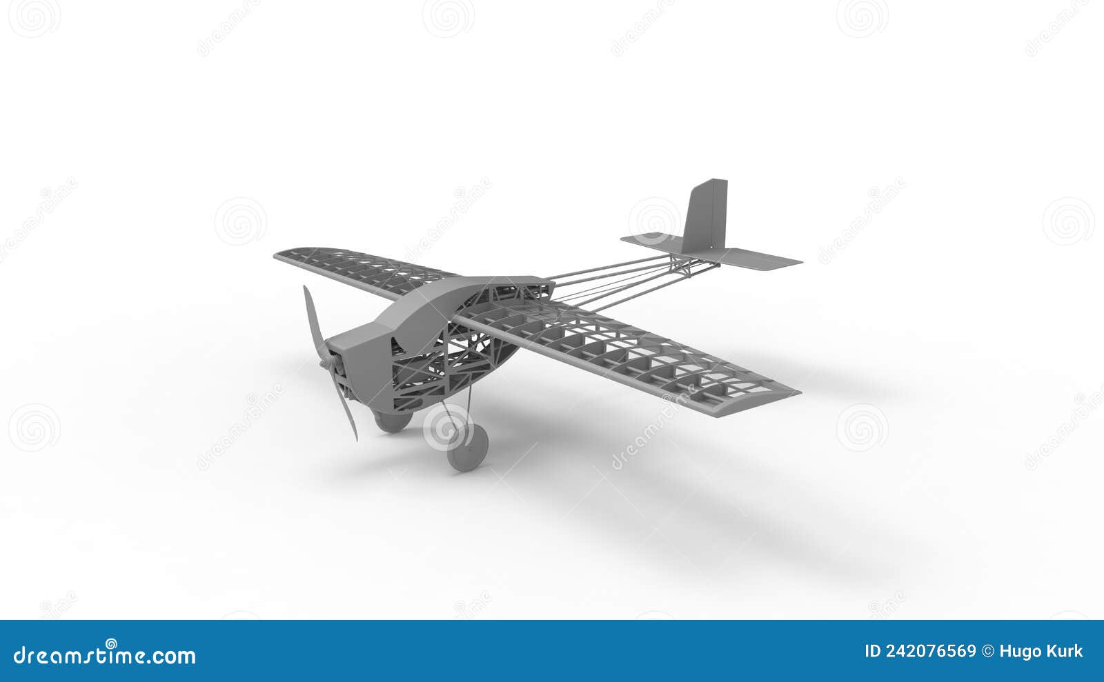 3d rendering of the casis of a small model propellor airplane chasis.  in studio background.