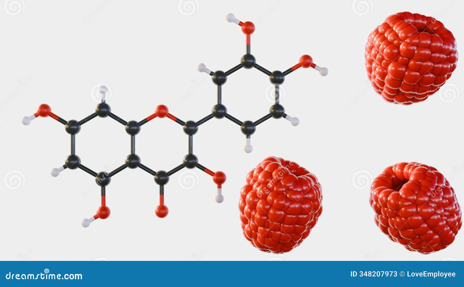 a 3d rendering of quercetin molecule and raspberries