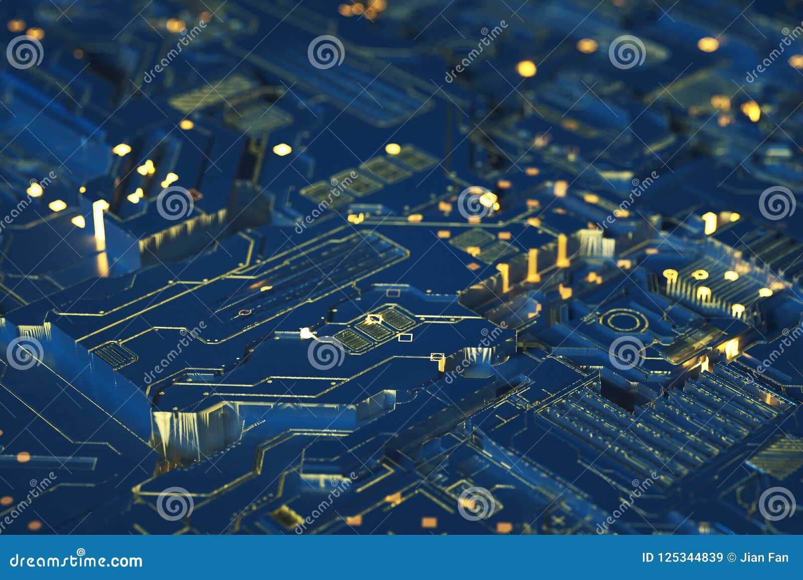 3d Rendering, Circuit Board and Gold Glow Chip Stock Image Image of